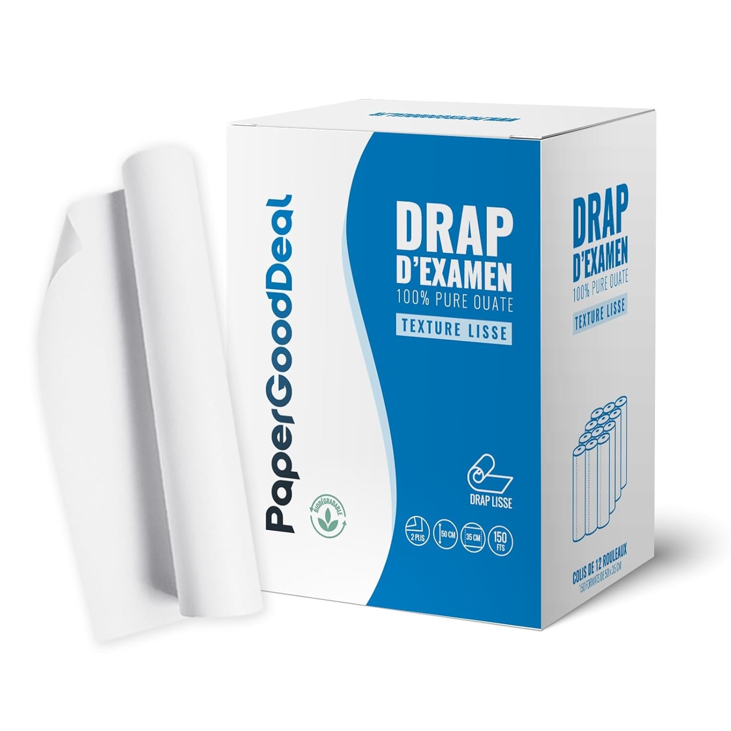 12 Rouleaux de 150 feuilles draps d'examen 100% pure ouate 50x35cm medical-ésthétique qualité professionnelle