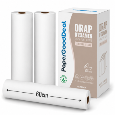 Rouleaux de drap d’examen lisse de 60 cm et carton PaperGoodDeal PGD6035 de 12 rouleaux