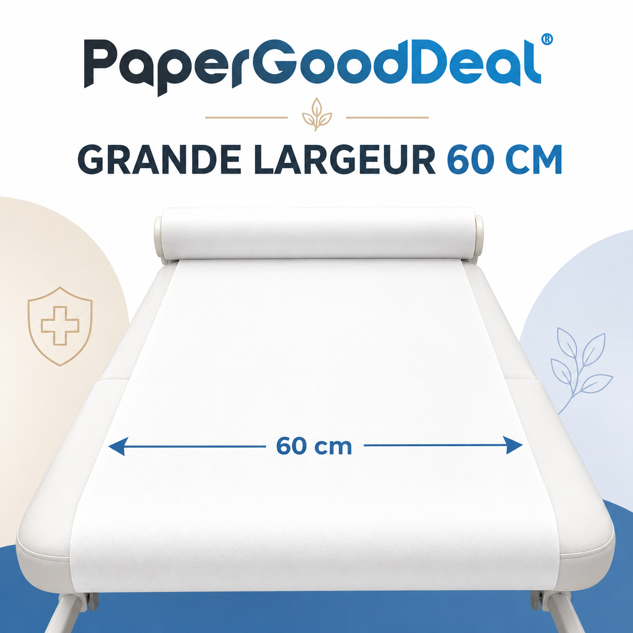 Drap d’examen lisse PGD6035 déployé sur une table, avec sa largeur de 60 cm