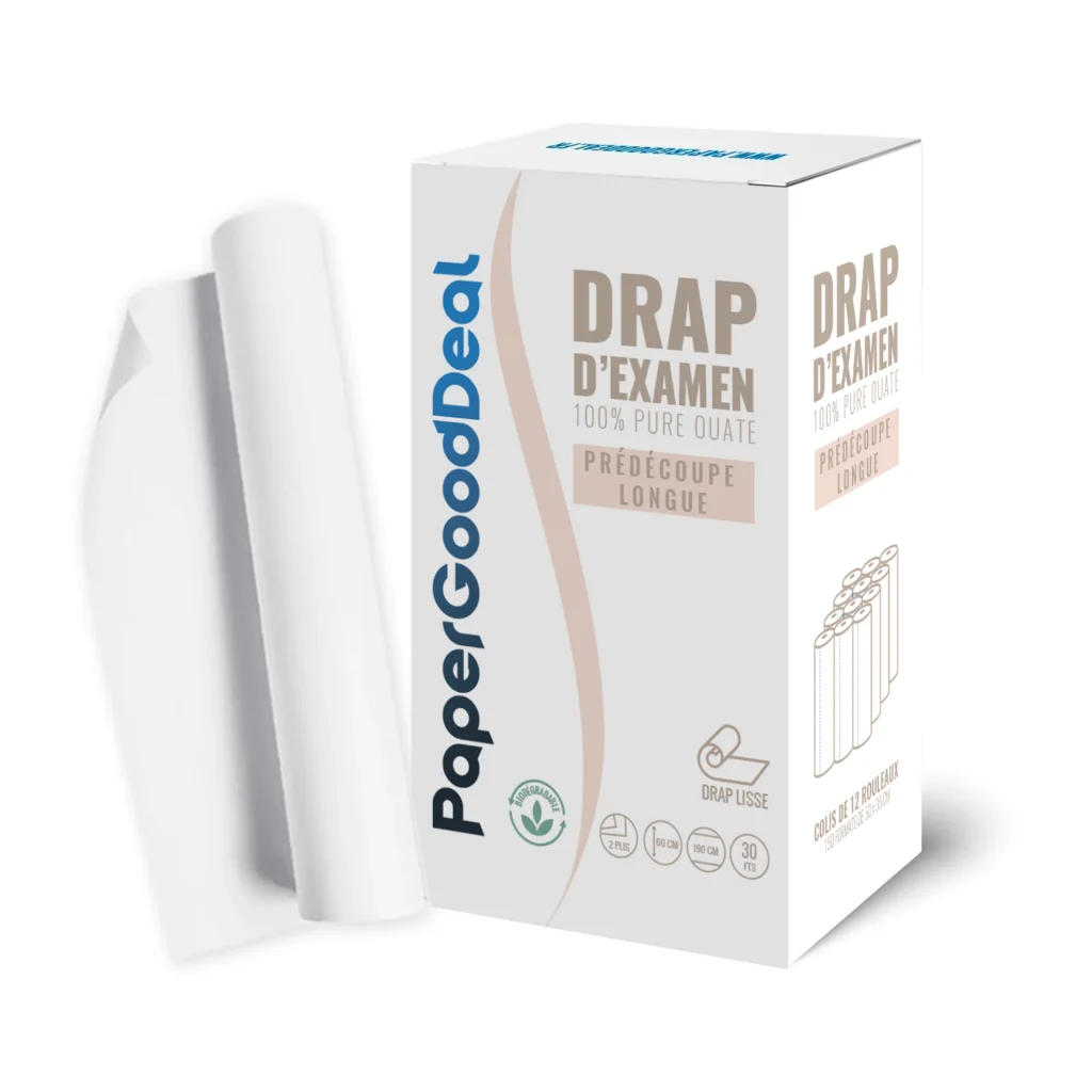 Drap d’examen prédécoupe longue 60 cm : carton Papergooddeal et rouleaux blancs