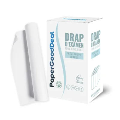 Drap d’examen prédécoupe longue 70 cm : carton Papergooddeal et rouleaux blancs