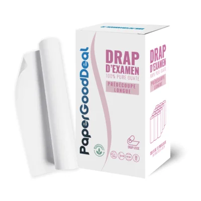 Drap d’examen prédécoupe longue 80 cm : carton Papergooddeal et rouleaux blancs