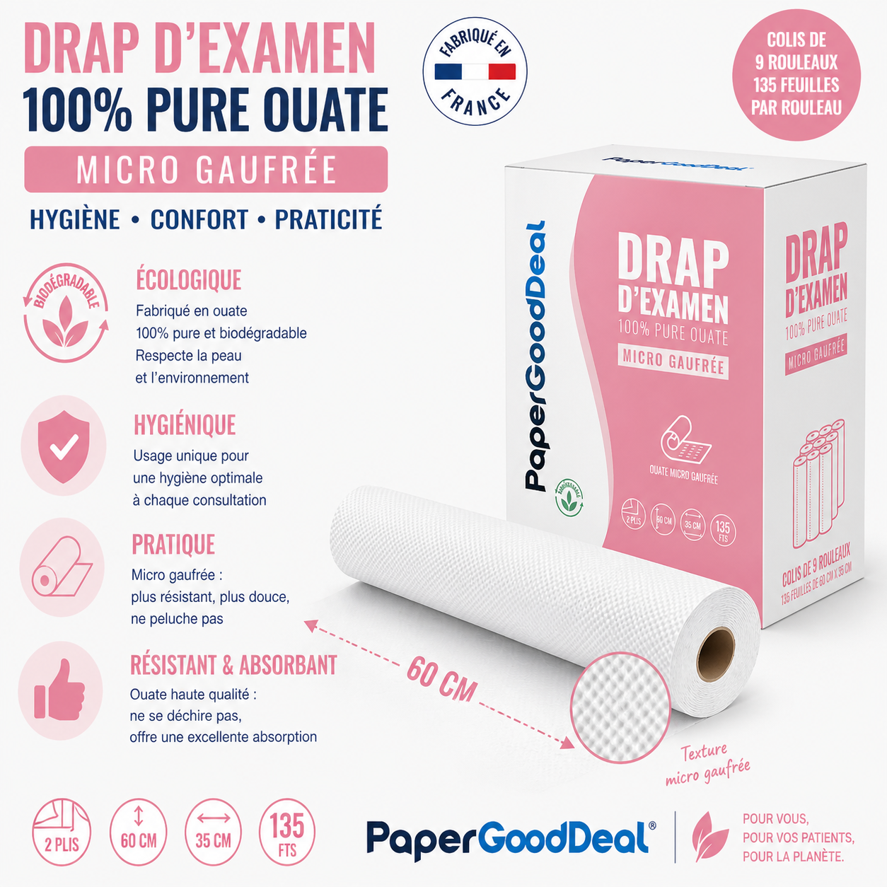 Carton Papergooddeal de 9 rouleaux de drap d'examen micro gaufré en pure ouate, 135 feuilles par rouleau