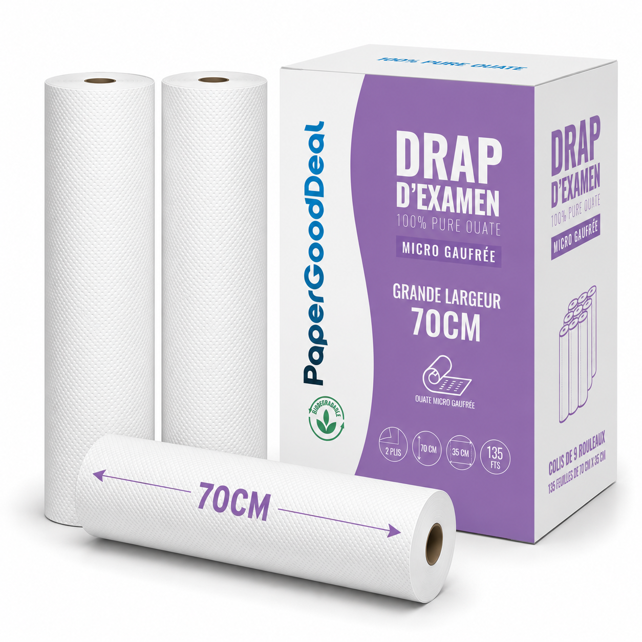 Drap d'examen micro gaufré 70 cm : carton Papergooddeal de 9 rouleaux et vue des rouleaux