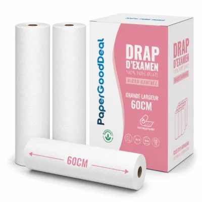 Drap d'examen micro gaufré 60 cm : carton Papergooddeal de 9 rouleaux et vue des rouleaux