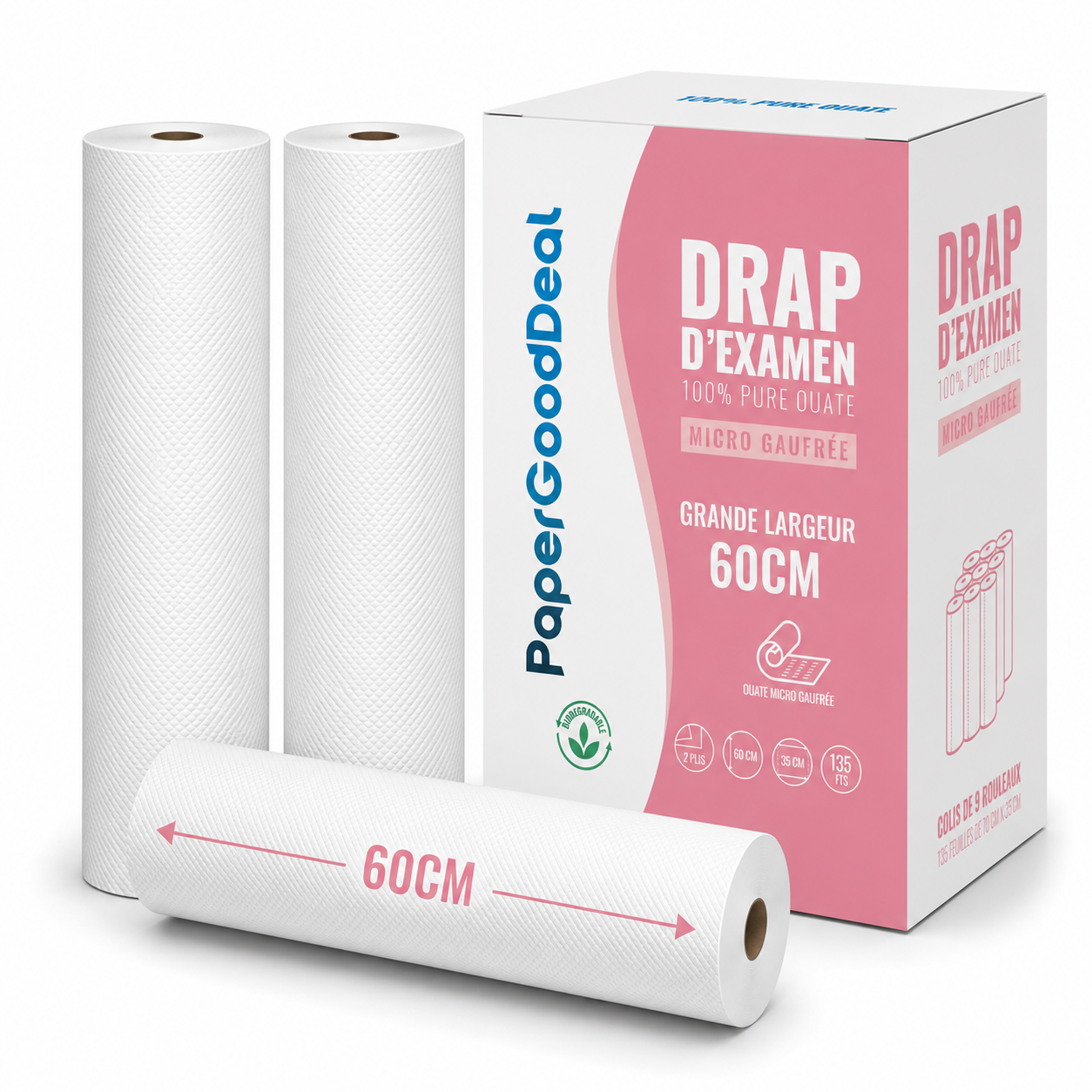 Drap d'examen micro gaufré 60 cm : carton Papergooddeal de 9 rouleaux et vue des rouleaux