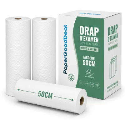 Drap d'examen micro gaufré 50 cm : carton Papergooddeal de 9 rouleaux et vue des rouleaux