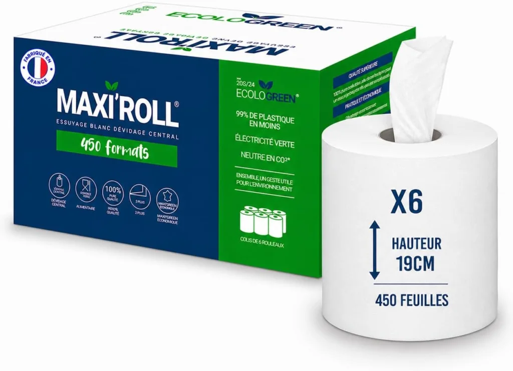 Essuie-mains Maxi Roll à dévidage central – 6 × 450 formats – 19 × 24 cm