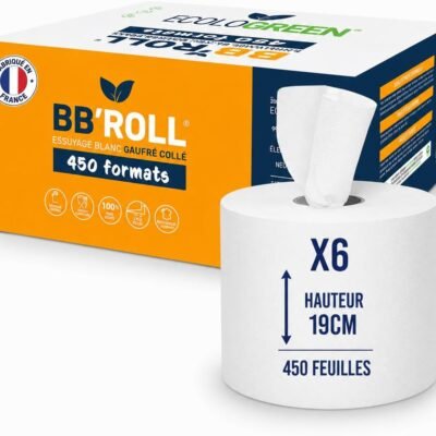 Bobines à dévidage central gaufrées collées 205GC, rouleau blanc et carton de 6 bobines de 450 formats