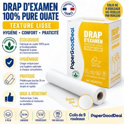 Draps d’examen lisses PAPERGOODDEAL PGD5035/9 : carton de 9 rouleaux, 50 × 35 cm, 145 formats, 2 plis