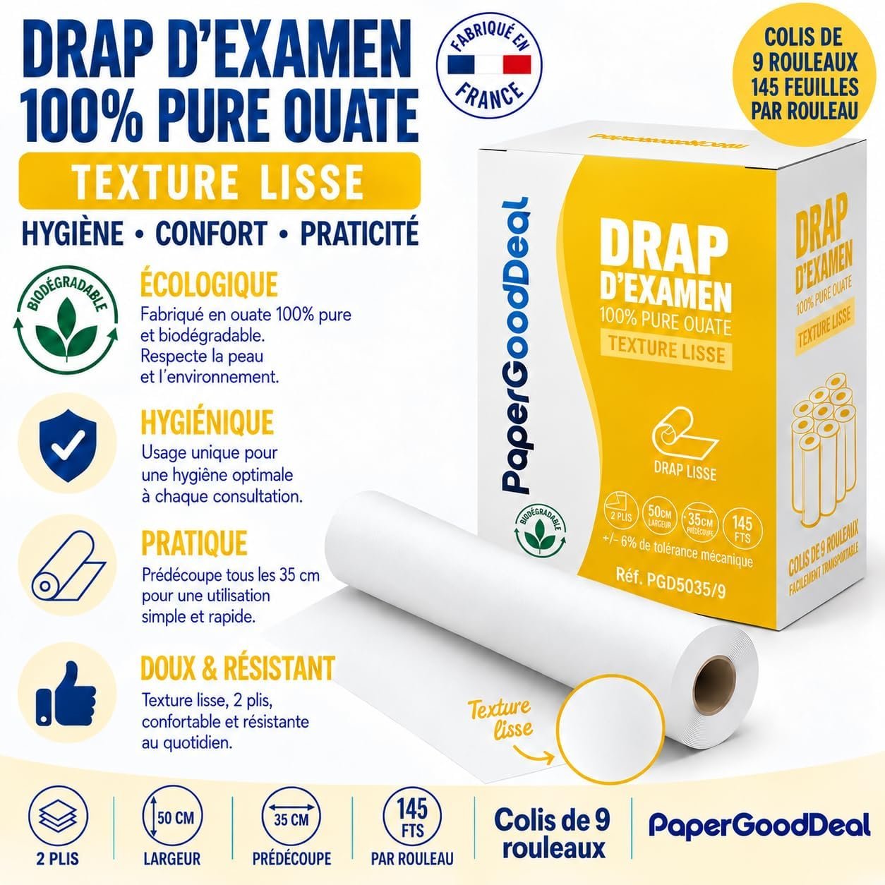 Draps d’examen lisses PAPERGOODDEAL PGD5035/9 : carton de 9 rouleaux, 50 × 35 cm, 145 formats, 2 plis